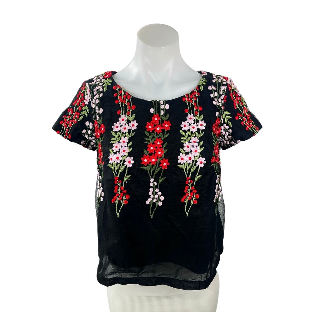 Ida Sjostedt Women's Black Floral Embroidered Short Sleeve Boxy Blouse Top Sz 8